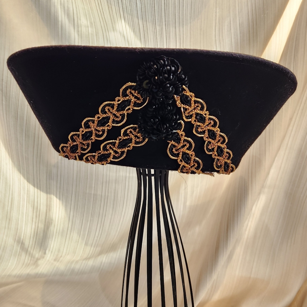 Black Felted wool Hat with peaked brim and gold ribbon embellishment